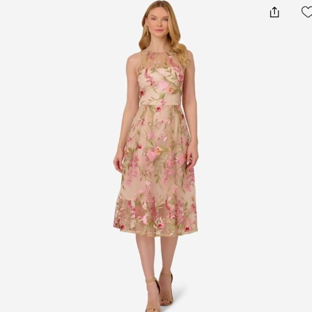 Adrianna Papell Pink and Cream Floral Midi Dress